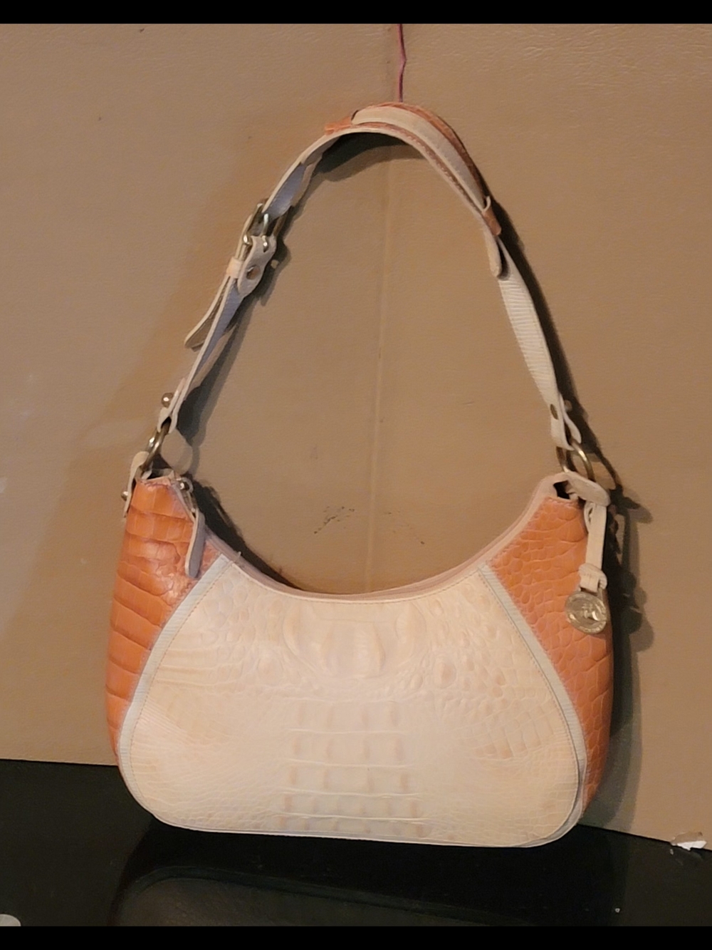 BRAHMIN Two-Tone Cream and Tan Croc-Embossed Shoulder Bag - Picture 6 of 16